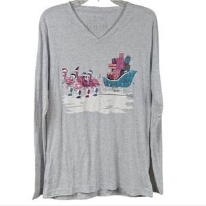 Flamingo Sleigh August Bleu Long Sleeve T-shirt Gray Christmas Holiday Tee